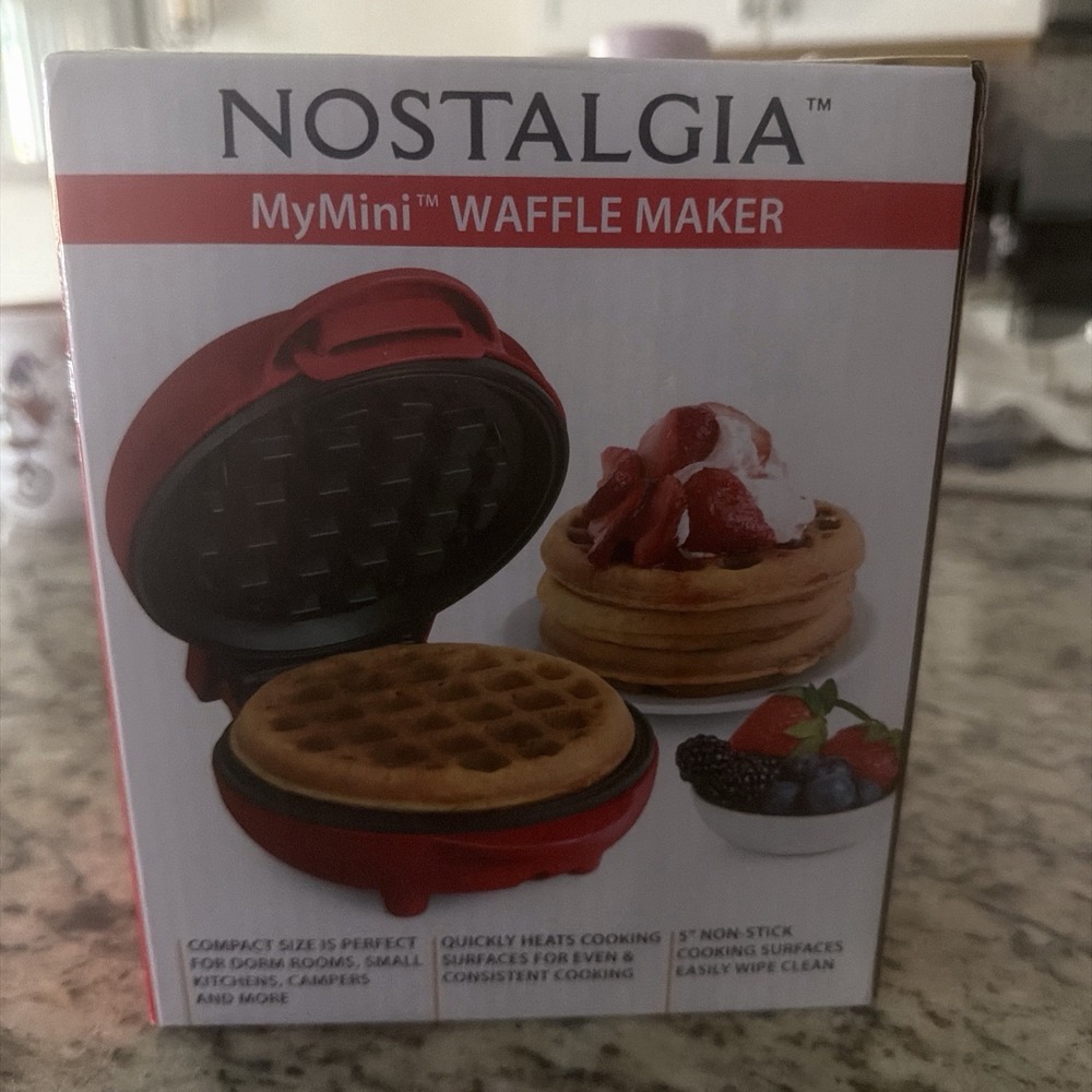 Nostalgia Mini Waffle Maker 5" Cooking Surface  Brand New Factory Sealed Red